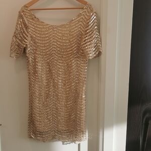 Sequin Short-Sleeve Shift Dress in Gold